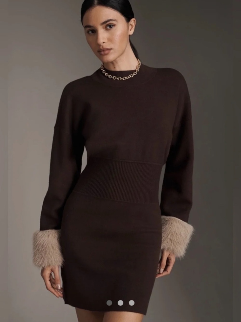 NWT By Anthropologie Long-Sleeve Faux Fur Trim Sweater Mini Dress, Sz L $168